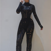 Long Sleeve Turtleneck Top + Solid Sheath Stretchy Two Piece Pants Set